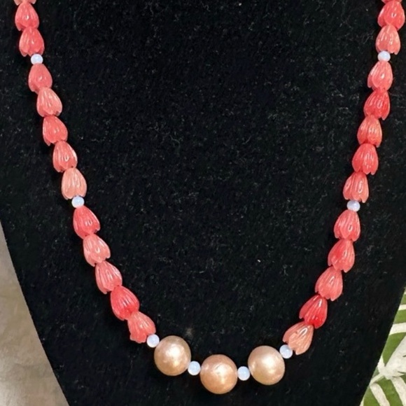 Coral Pink Pikake Flower & Edison Pearl Necklace w/.925 SS Handmade in Maui N65. - Picture 10 of 10